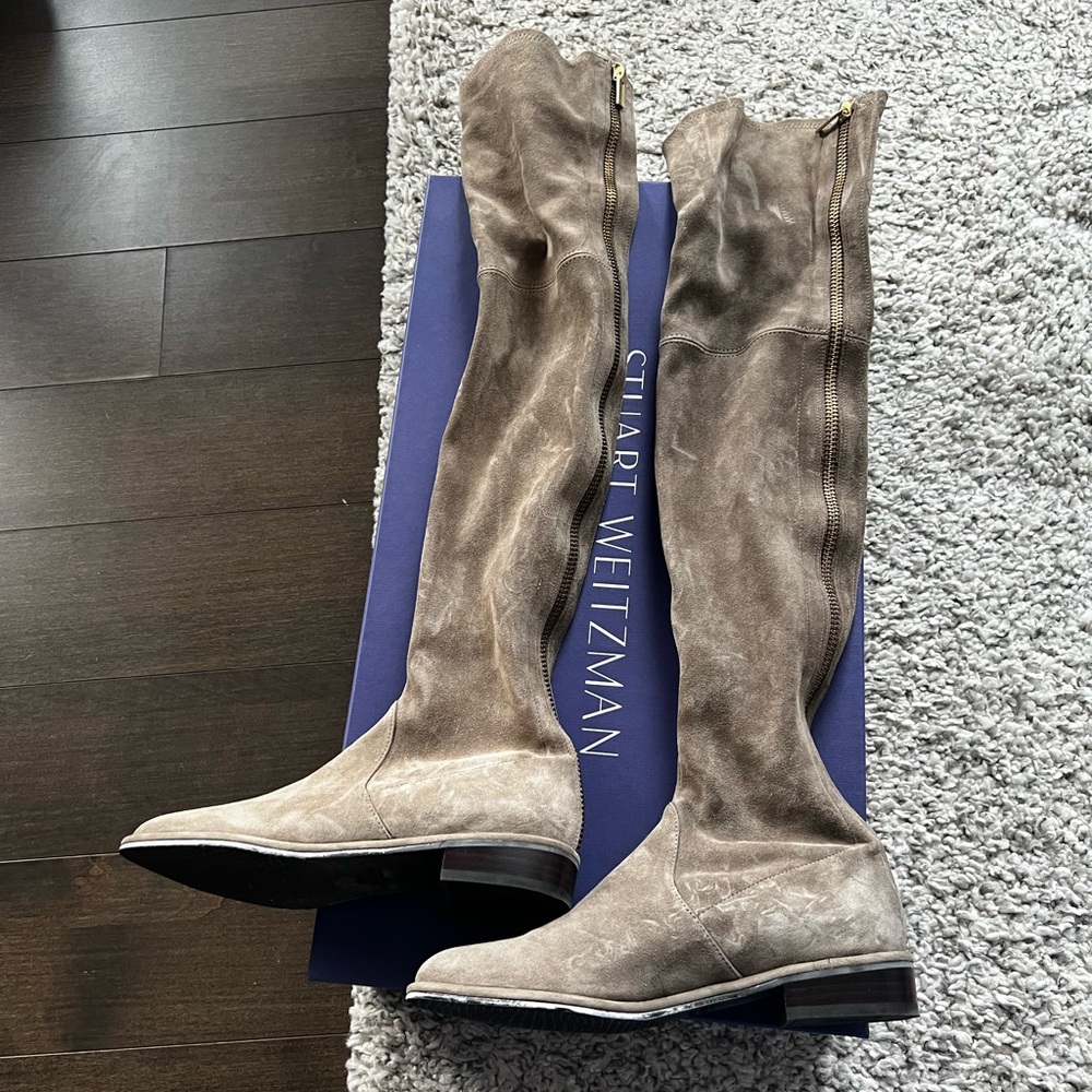 Stuart Weitzman Taupe Zipper Over Knee Boots